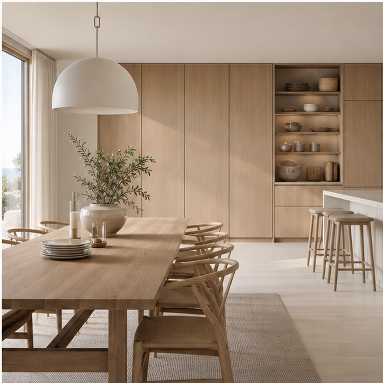 Family-hosting kitchen and dining context with a pantry wall in the background.