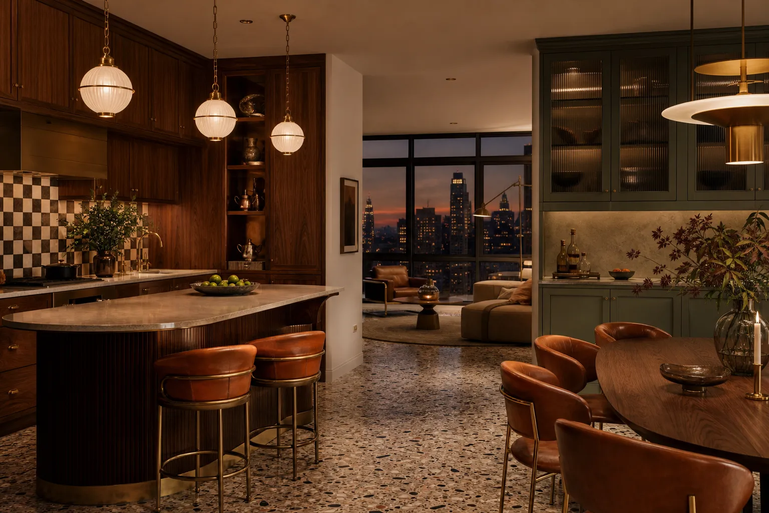 Split kitchen scene showing two cabinet finish directions in one luxury apartment.