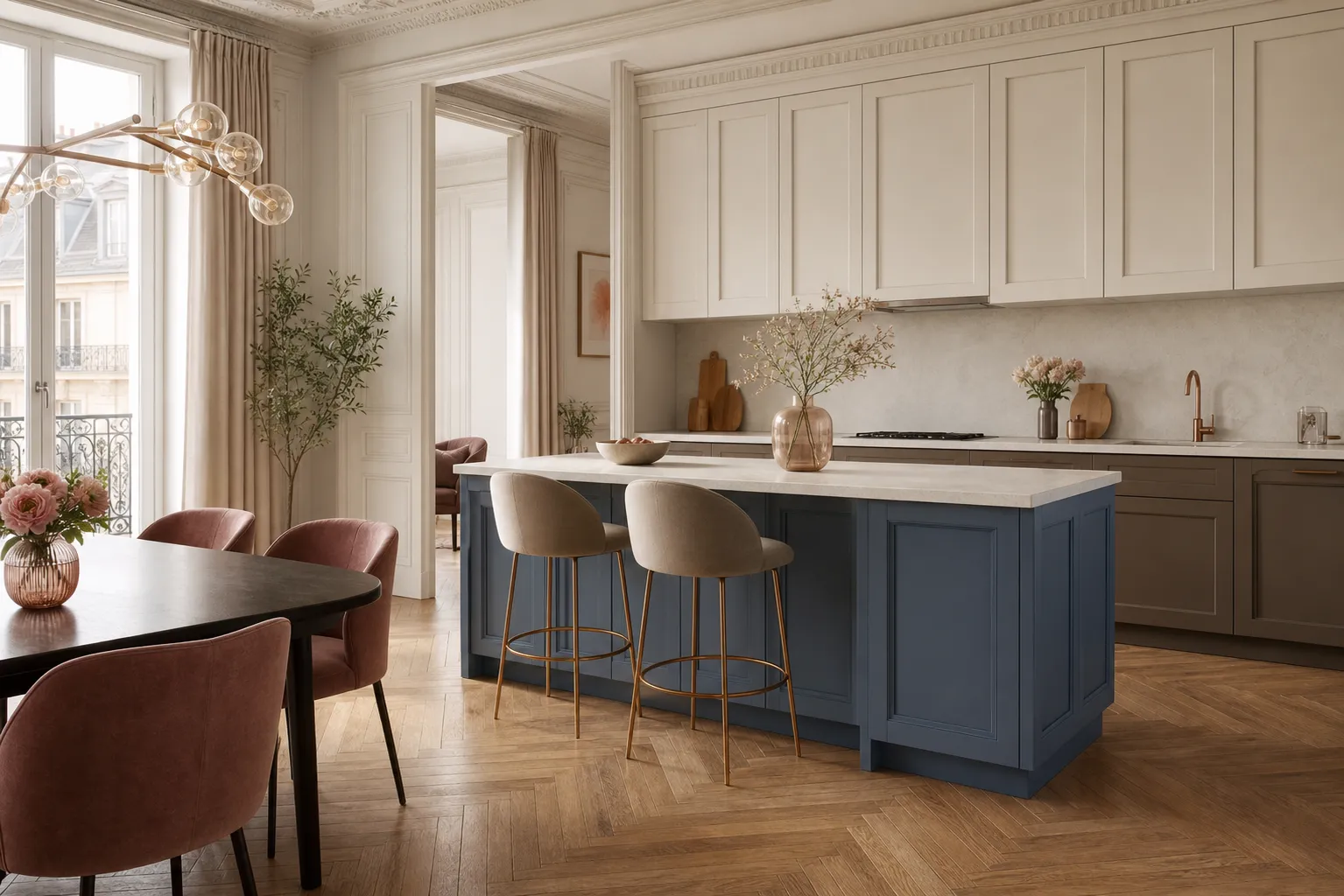 Open-plan luxury kitchen where two cabinet colors define cooking and dining zones.