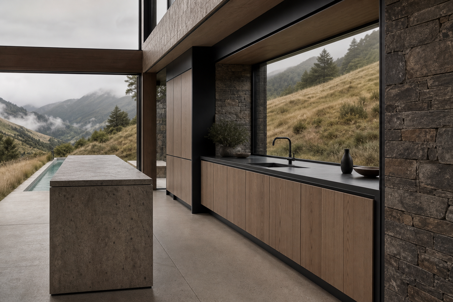 Fadior Meridian Kitchen Suite with Handleless Timber Service Run — interior room context showing cabinet integration