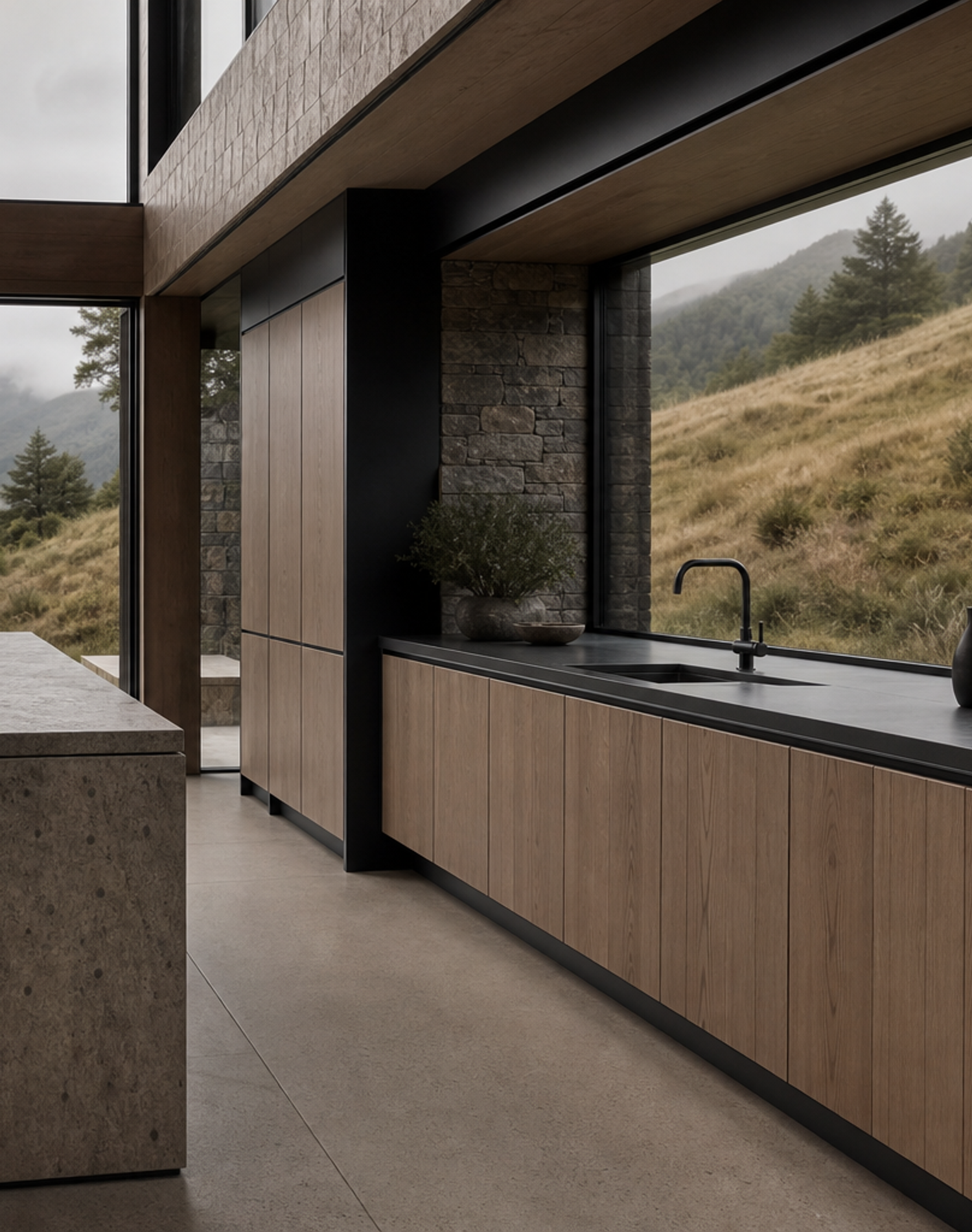 Fadior Meridian Kitchen Suite with Handleless Timber Service Run — interior room context showing cabinet integration