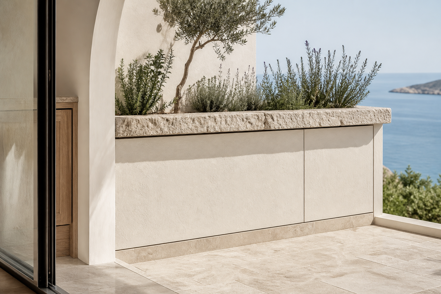 Fadior Aurora Balcony Suite with Rainline Planting Bench — close-up of stainless steel finish and hardware detail