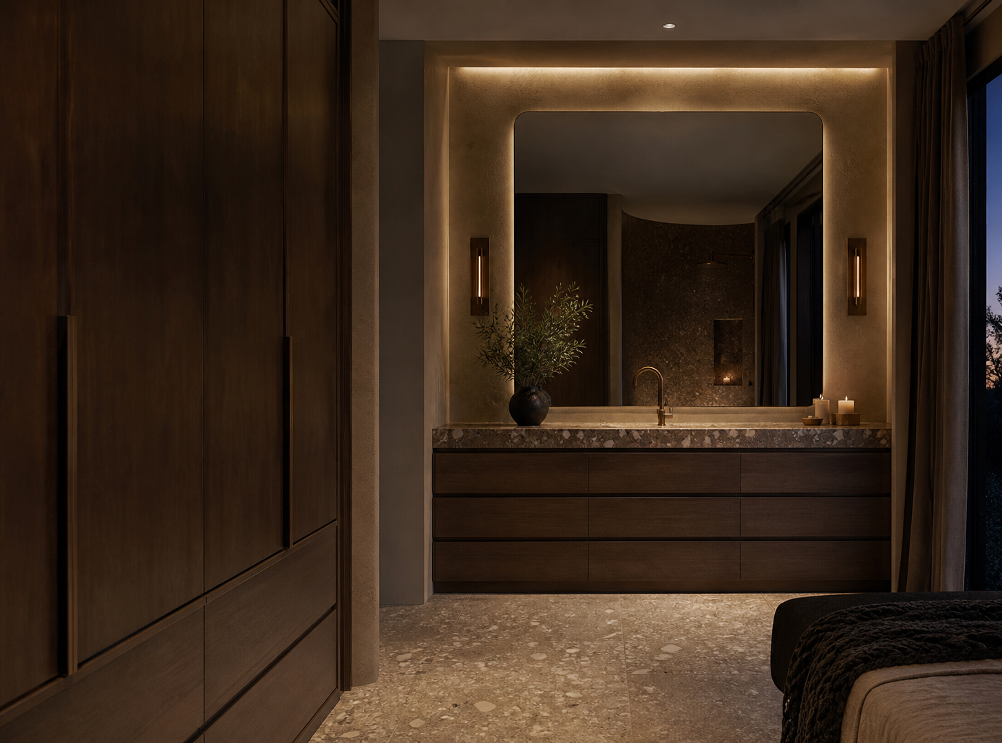 Fadior Nacre Bath and Vanity Suite with Aged Brass Mirror Bay — interior room context showing cabinet integration