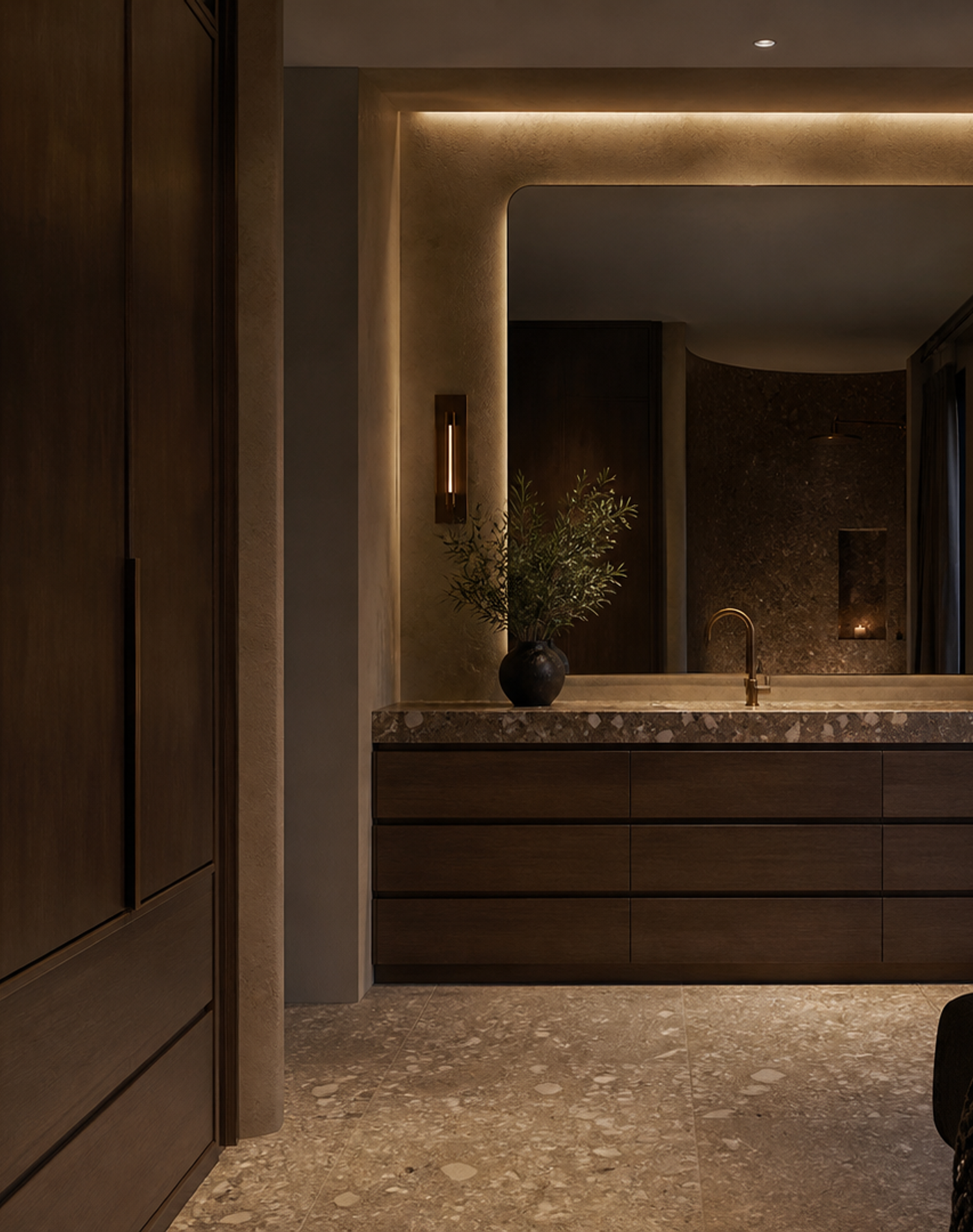 Fadior Nacre Bath and Vanity Suite with Aged Brass Mirror Bay — interior room context showing cabinet integration