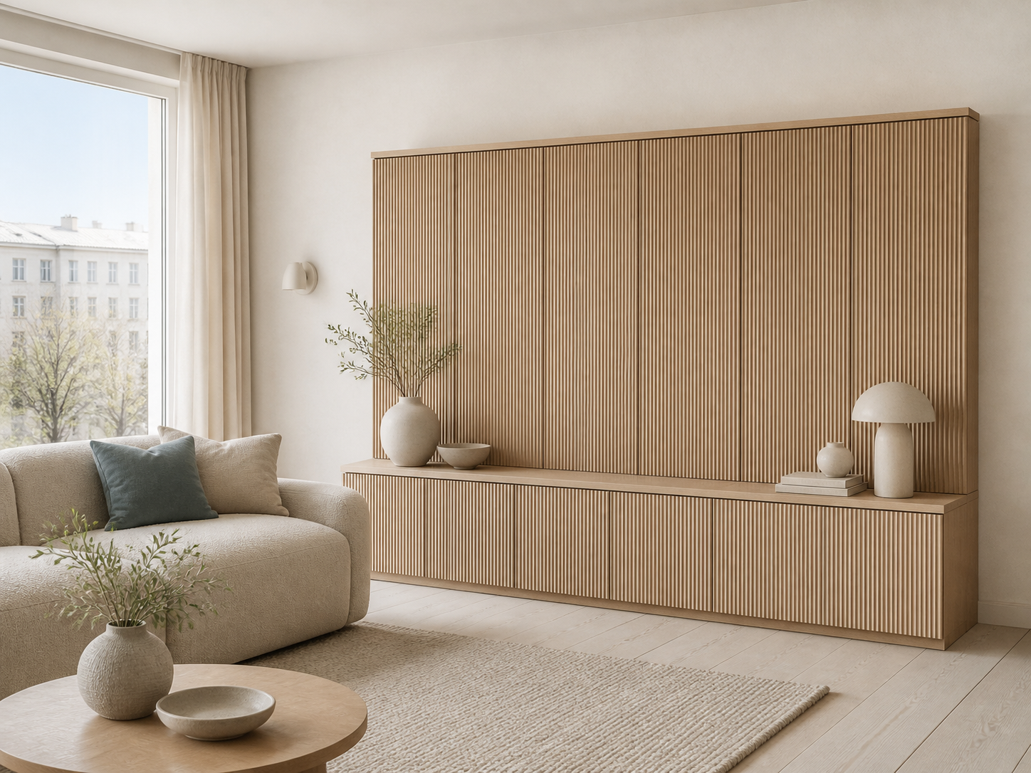 Fadior Silvan Living Room Suite with Fluted Sofa Library Wall — interior room context showing cabinet integration