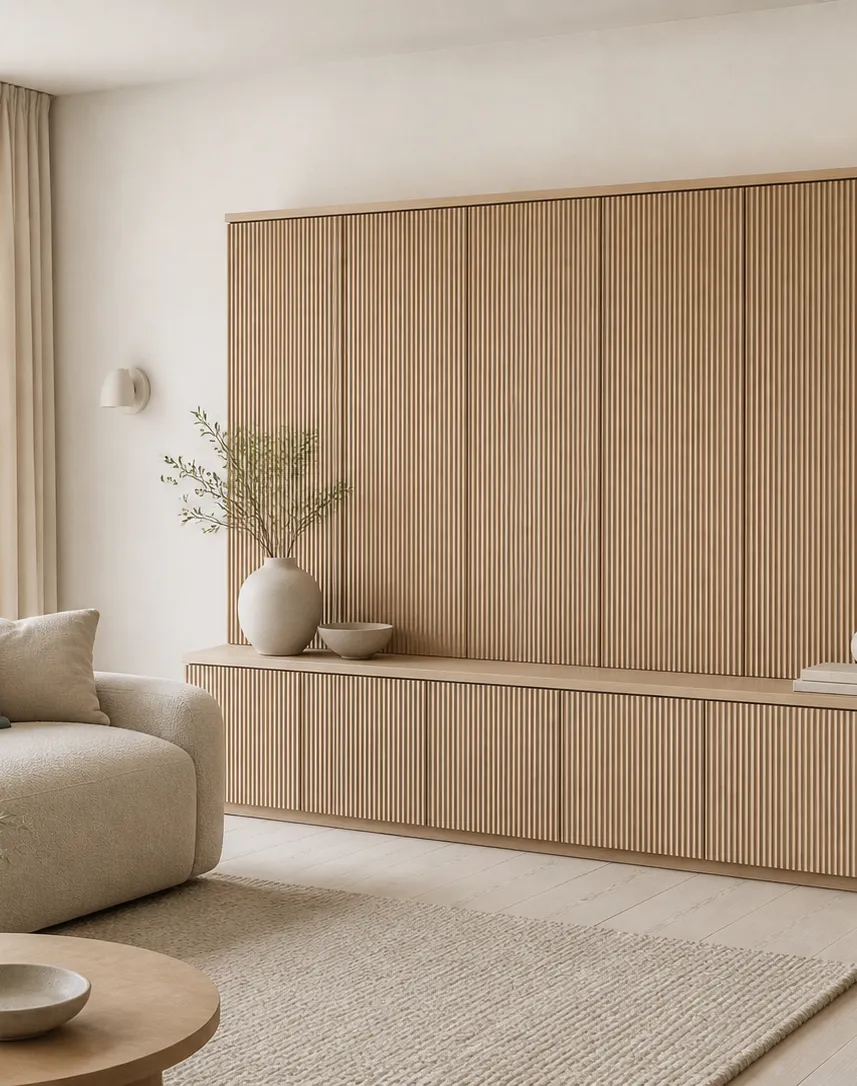 Suite de Salón Silvan con Muro Librería Estriado para Sofá perspectiva interior