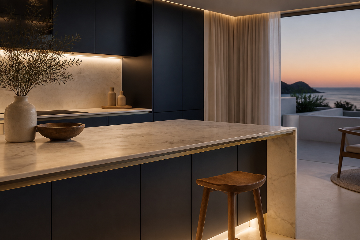 Fadior Algarve 420 sqm Kitchen Villa — cabinet planes, pale counter, walnut stool, linen curtain, sea window