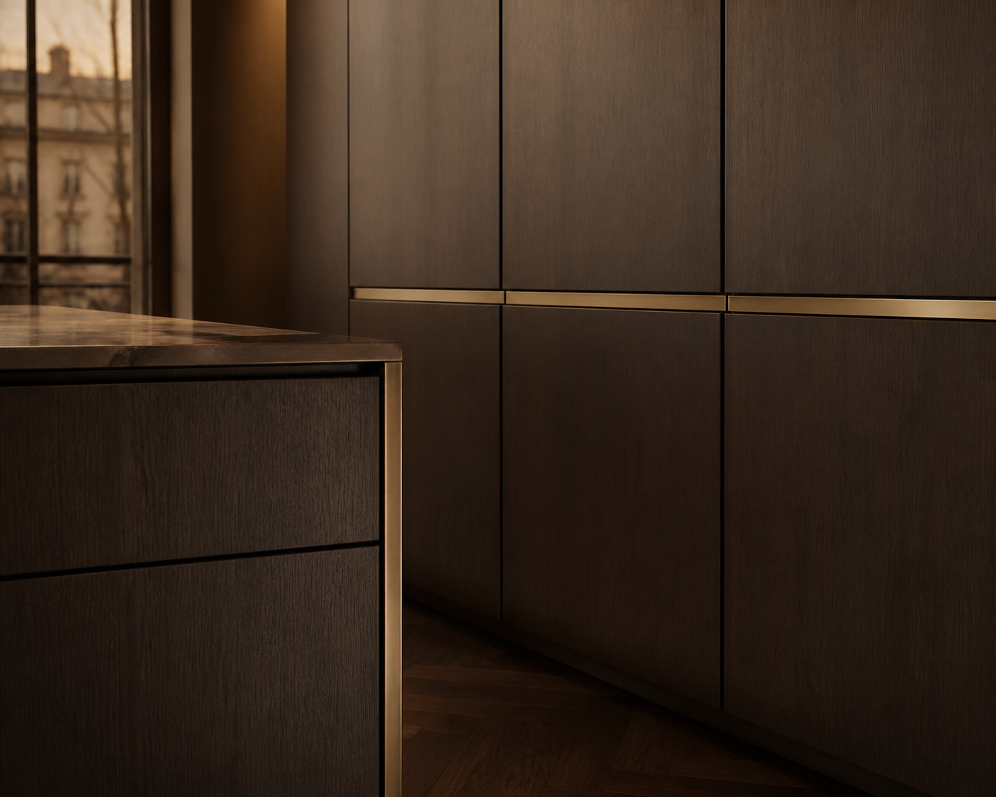 Fadior Pavilion Kitchen Suite with Gilded Hospitality Axis — close-up of stainless steel finish and hardware detail