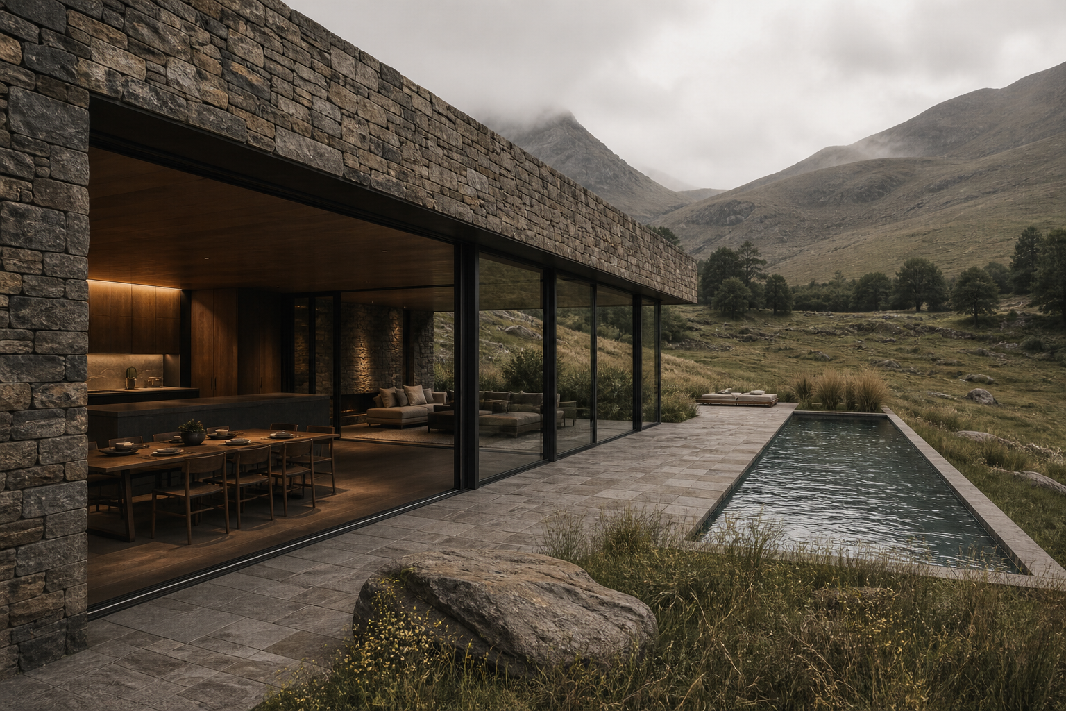 Quiet retreat kitchen and dining room prepared for hosting beside a meadow-facing terrace.