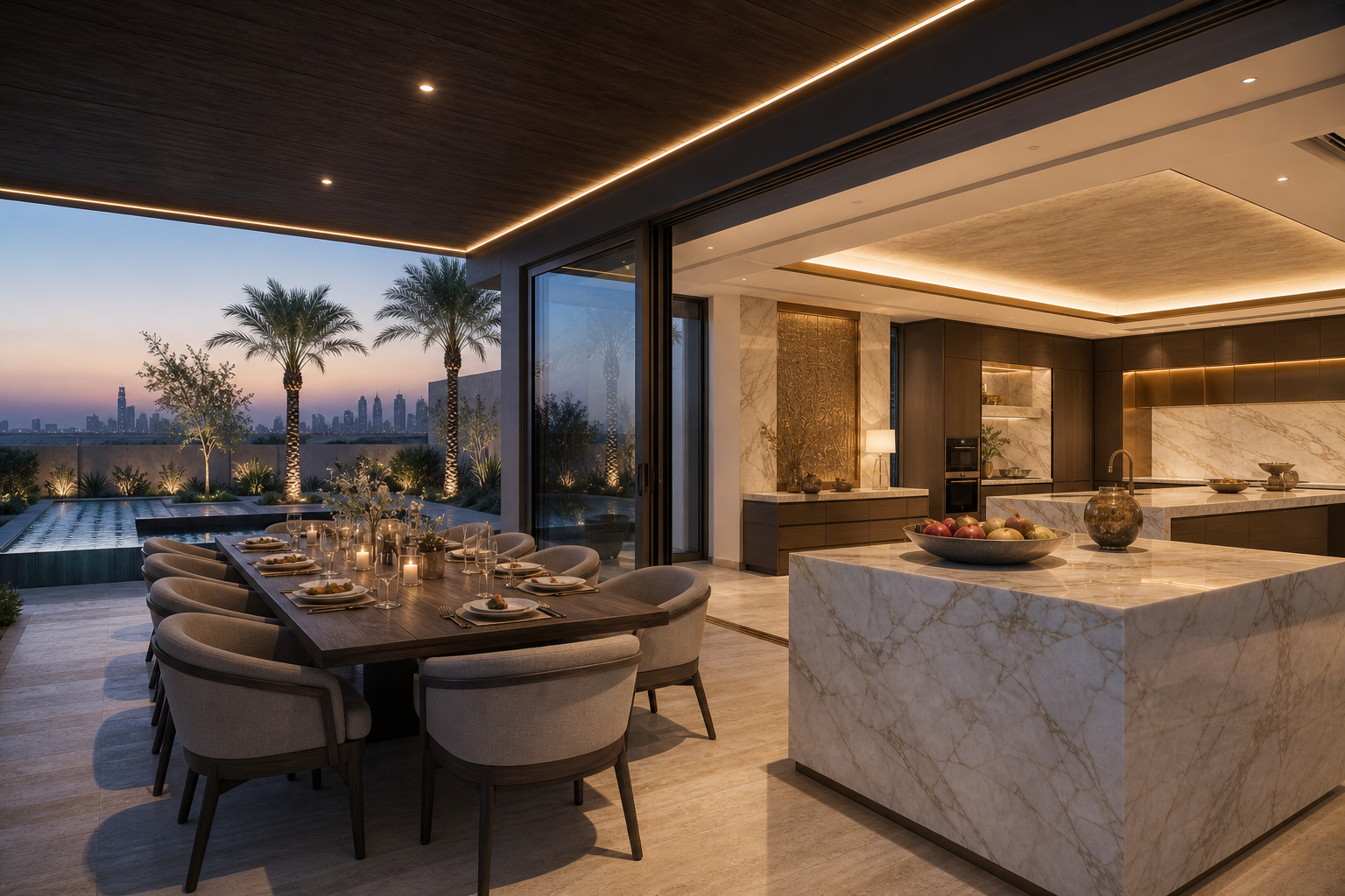 Fadior Doha Garden Courtyard Villa — serving counter, lounge chairs, palm courtyard, water feature, glass wall
