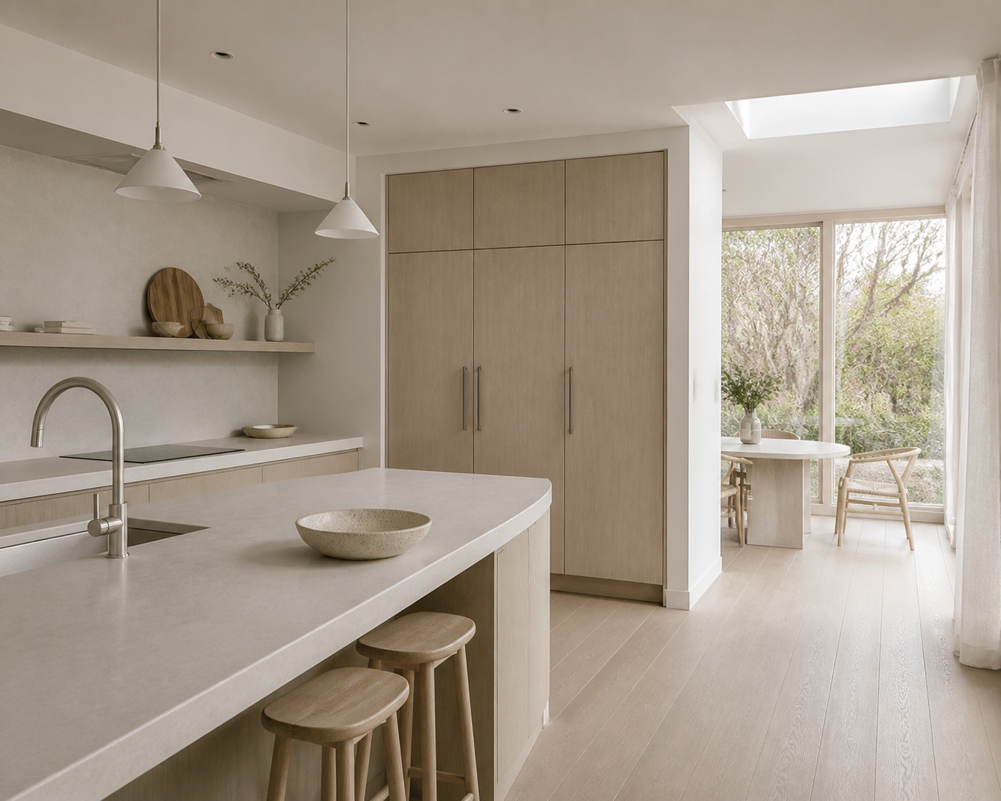Fadior Amsterdam 450 sqm Kitchen Bath Villa — A three-quarter kitchen workspace with a pale counter, ash pantry cabinets,