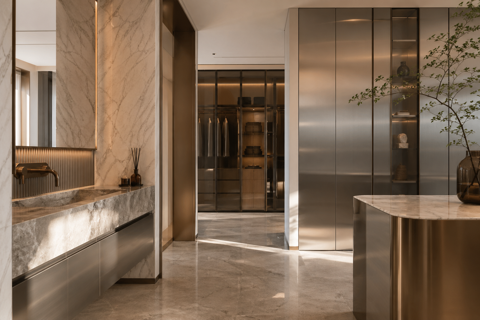 Fadior Dubai Design Gallery Showroom — wardrobe storage, vanity counter, bronze mirror, stone floor