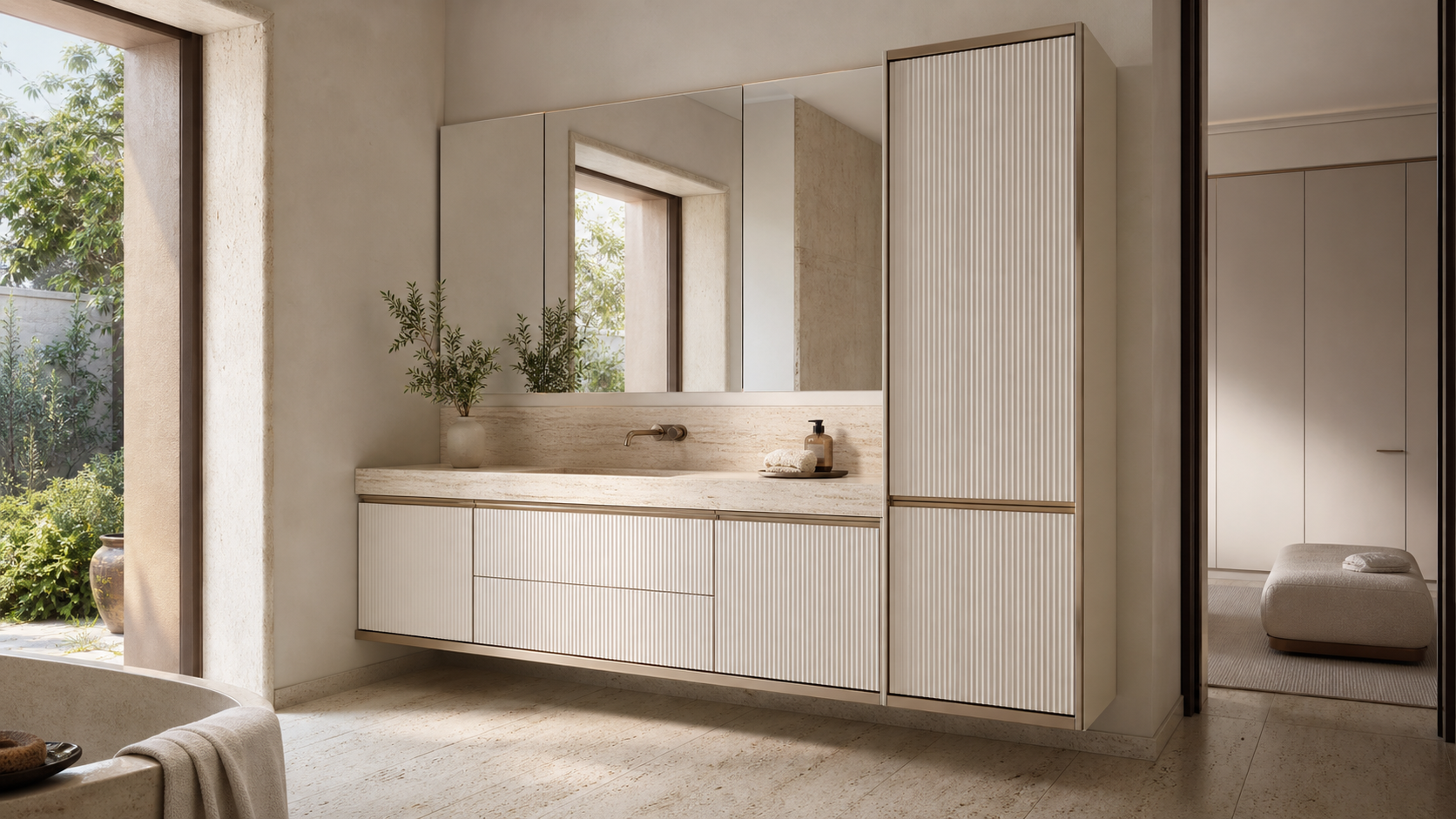 Fadior Ethereal Ribbed Travertine Towel Atrium — lifestyle setting with natural light and residential styling