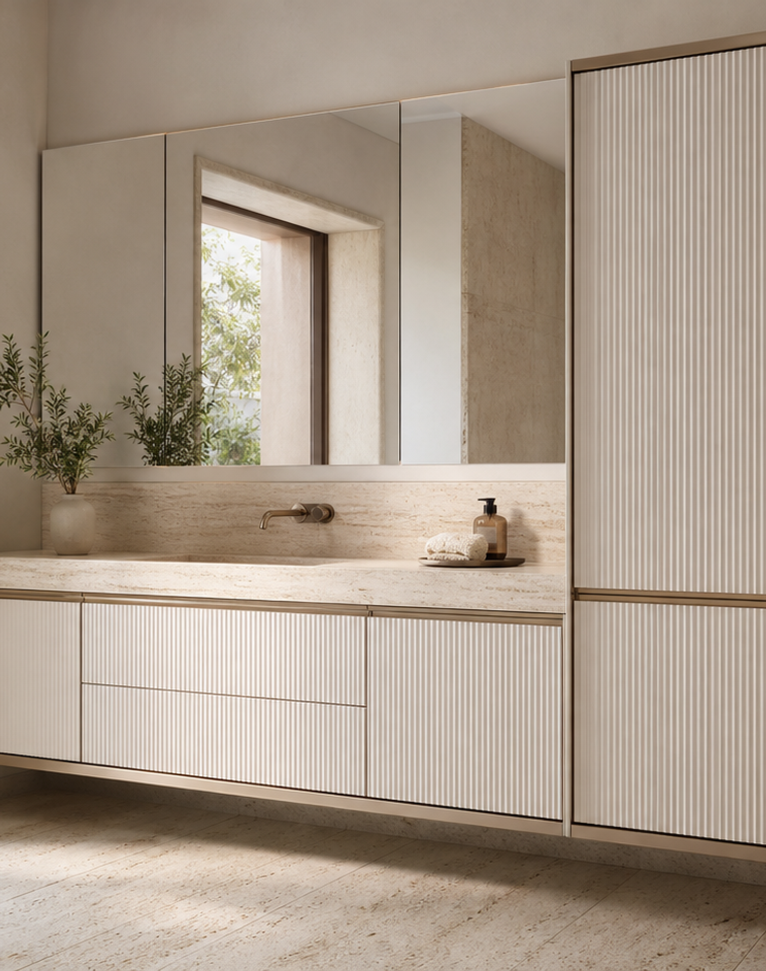 Fadior Ethereal Ribbed Travertine Towel Atrium — lifestyle setting with natural light and residential styling