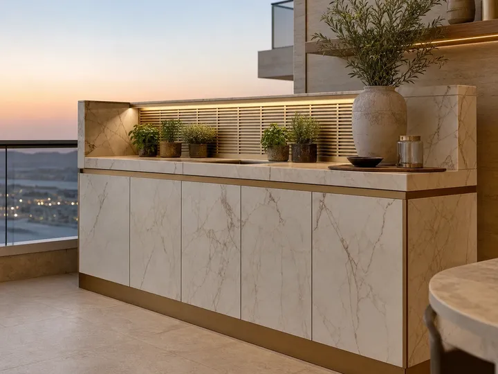 Fadior Dusk Balcony Suite with Louvered Herb Prep Rail — 304 stainless steel balcony system, front view