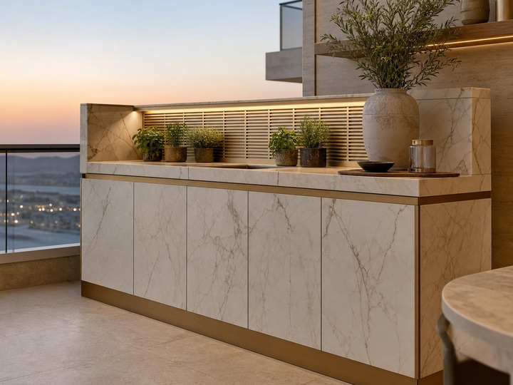 Fadior Dusk Balcony Suite with Louvered Herb Prep Rail — 304 stainless steel balcony system, front view