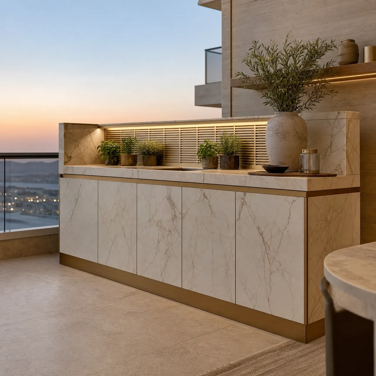 Fadior Dusk Balcony Suite with Louvered Herb Prep Rail — 304 stainless steel balcony system, front view