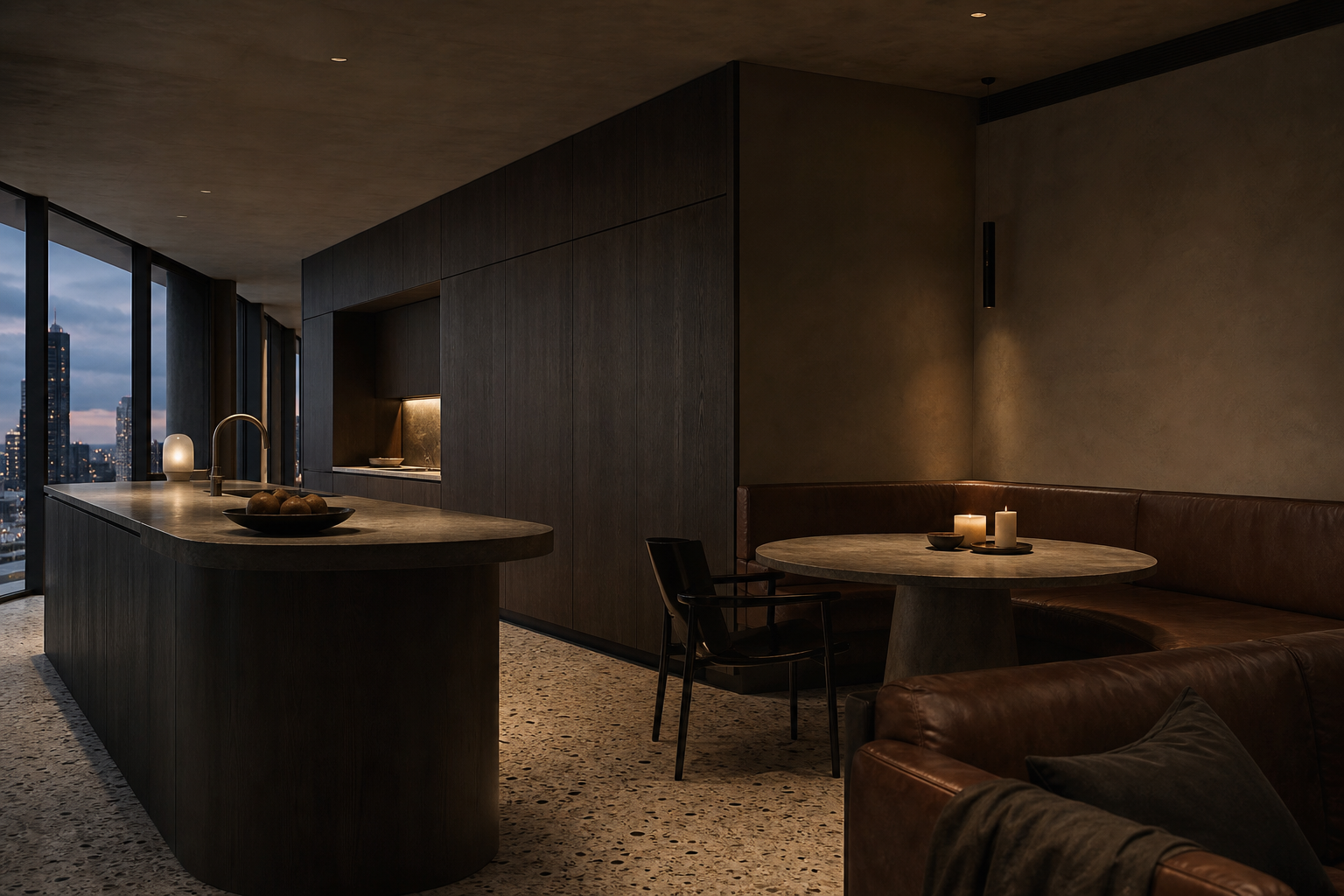 Fadior Brisbane 180 sqm Kitchen Penthouse — kitchen island, dining table, city window, leather sofa, terrazzo floor