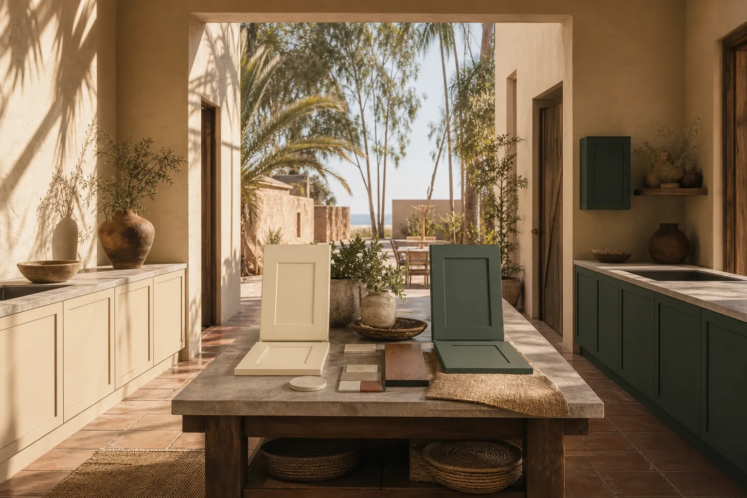 Cabinet finish decision scene with two sample fronts, courtyard view, and warm clay surfaces.