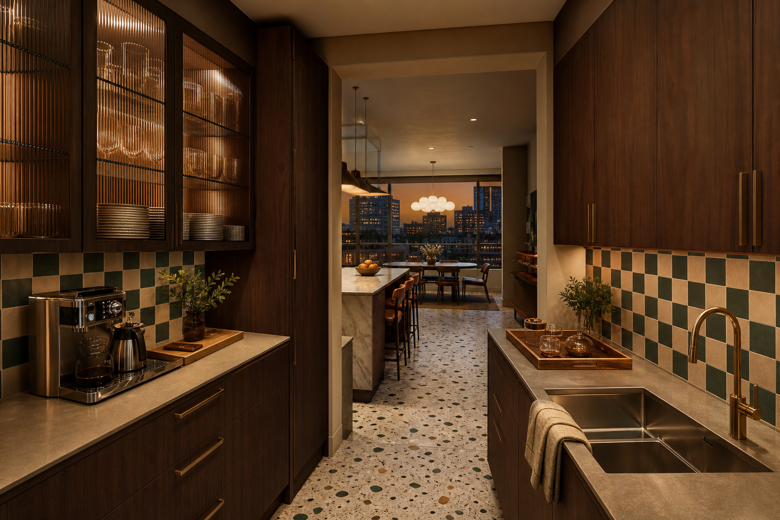 Fadior Montreal 150 sqm Kitchen Villa — Montreal scullery sink, glass cabinets, coffee counter, tile wall, terrazzo floor