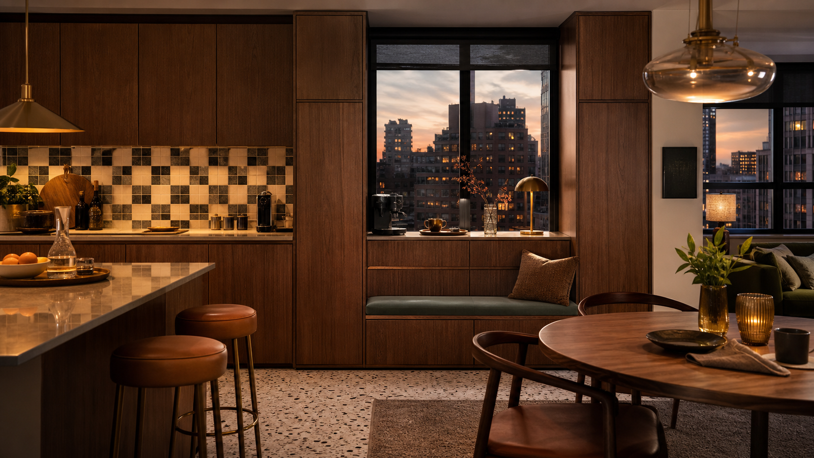 Fadior Solace Kitchen Suite with Window Seat Coffee Bar — lifestyle setting with natural light and residential styling