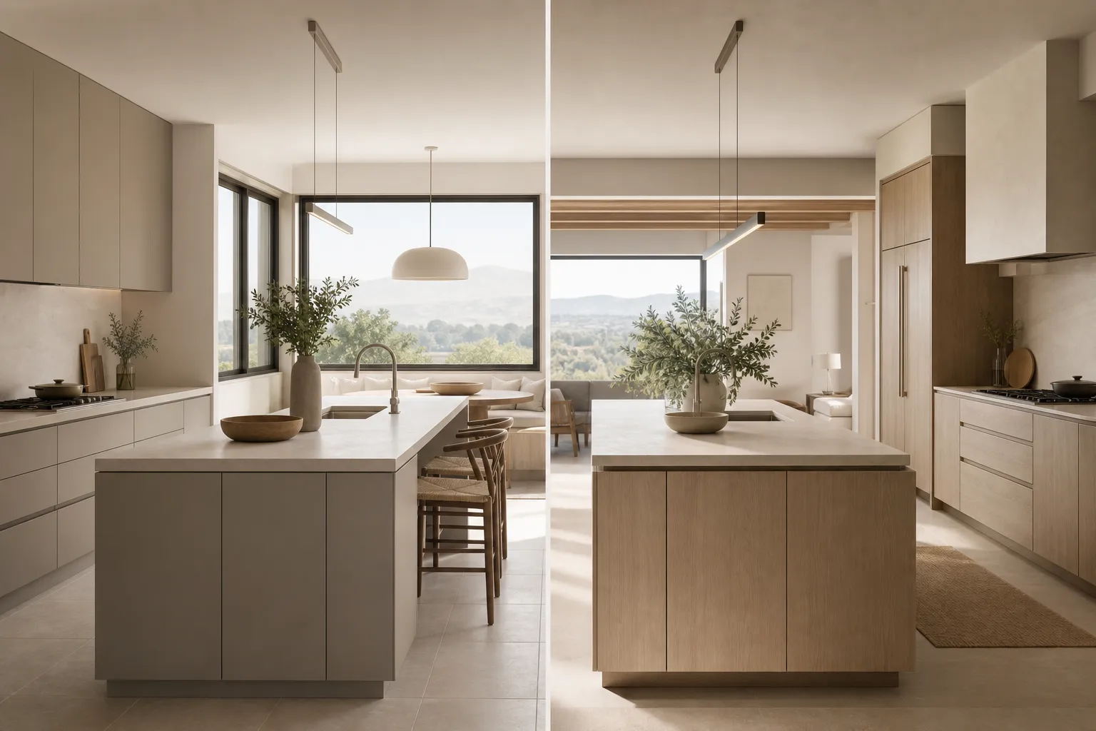 Two calm kitchen planning zones showing a documented cabinet selection decision without labels