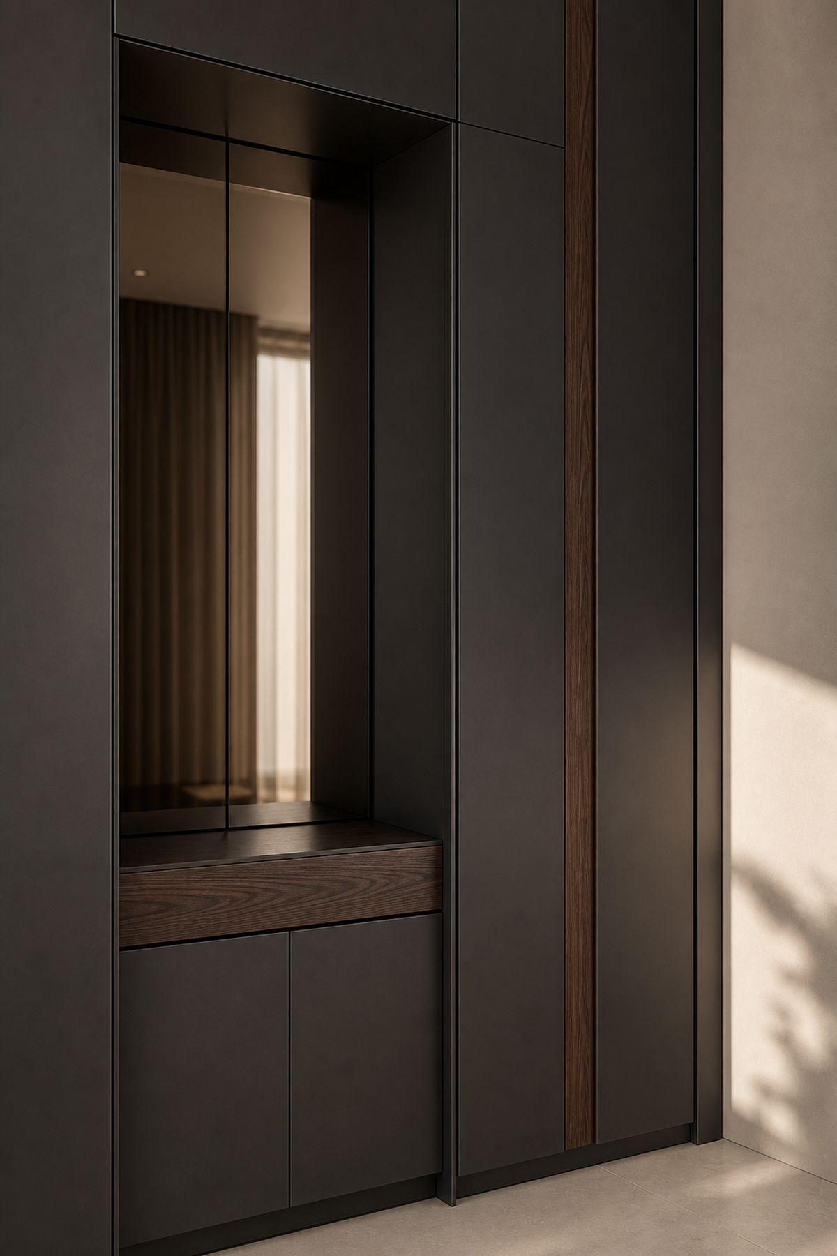Fadior Onyx Wardrobe Suite with Smoked Mirror Valet Gallery — close-up of stainless steel finish and hardware detail