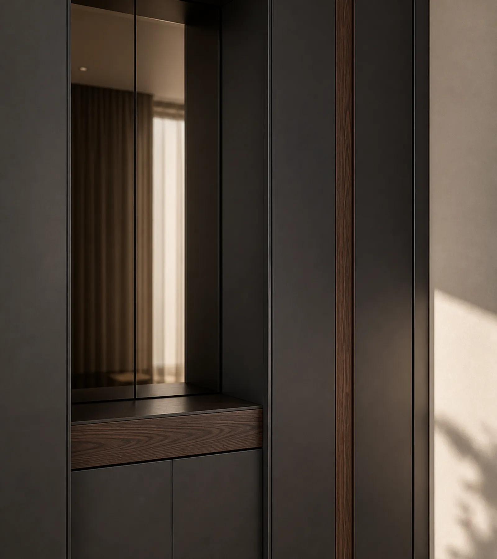 Fadior Onyx Wardrobe Suite with Smoked Mirror Valet Gallery — close-up of stainless steel finish and hardware detail