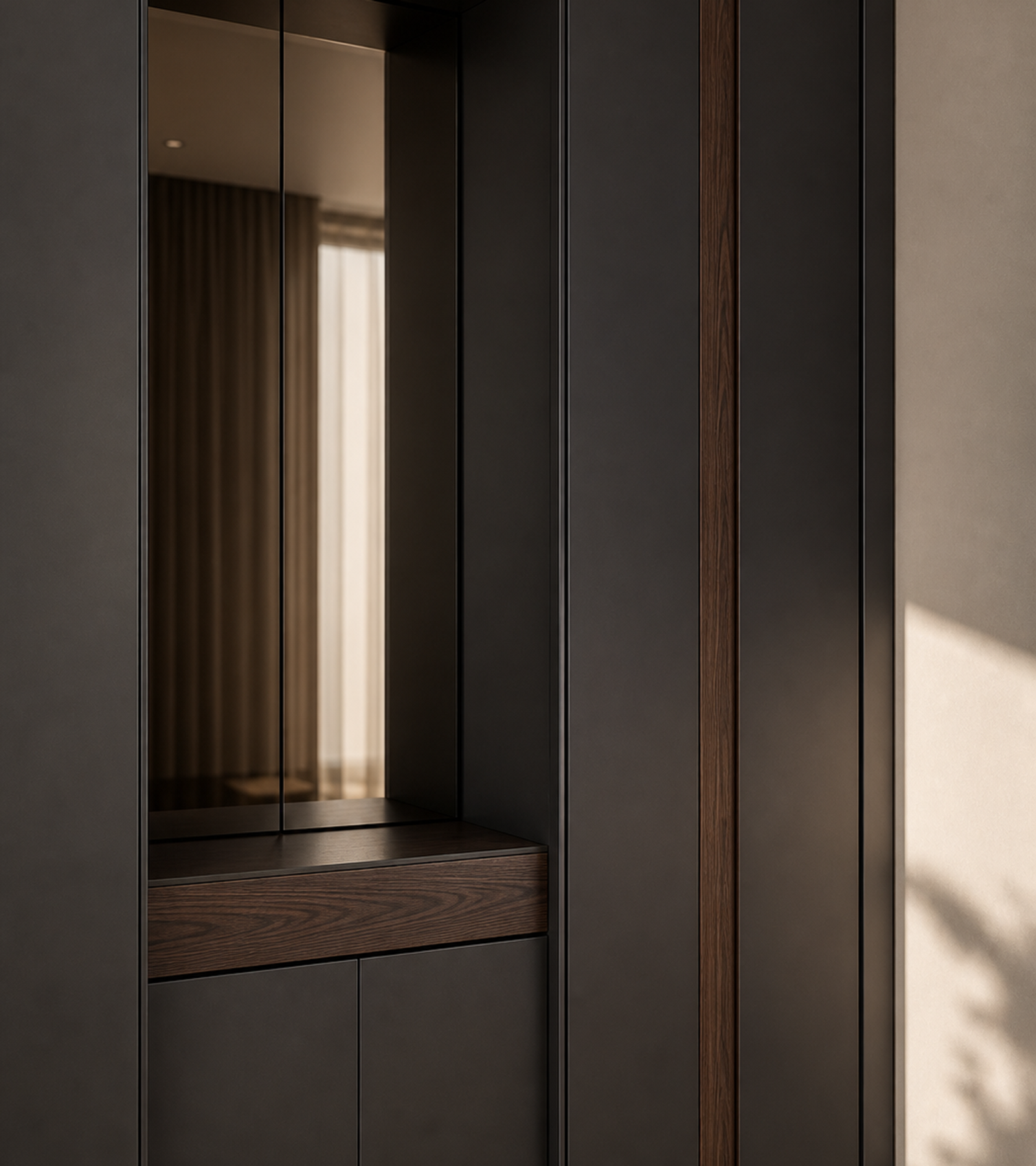Fadior Onyx Wardrobe Suite with Smoked Mirror Valet Gallery — close-up of stainless steel finish and hardware detail