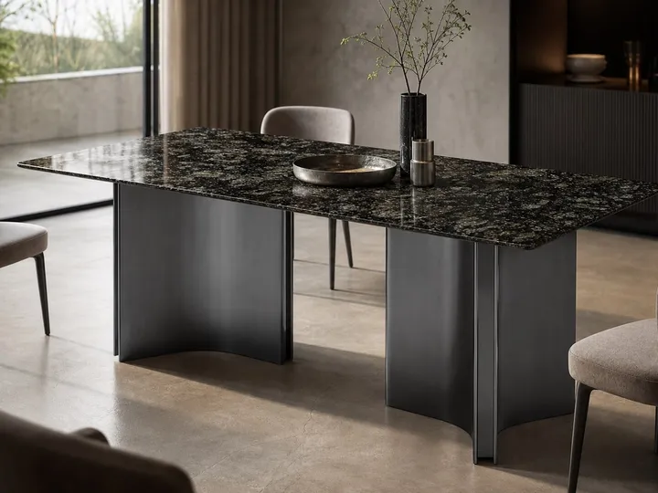 Mesa de comedor de mármol con base cruciforme curva 140×80 cm