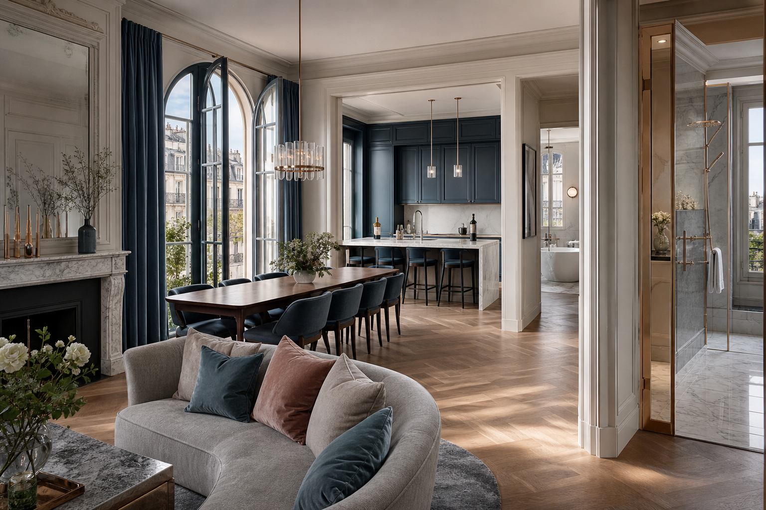 Fadior Geneva 650 sqm Kitchen Bath Villa — sofa, dining table, kitchen island, bath doorway, parquet floor