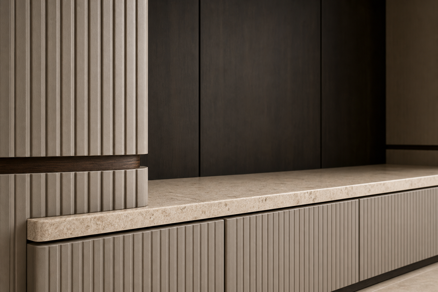 Fadior Zenith Ribbed Audio Credenza Bridge — close-up of stainless steel finish and hardware detail