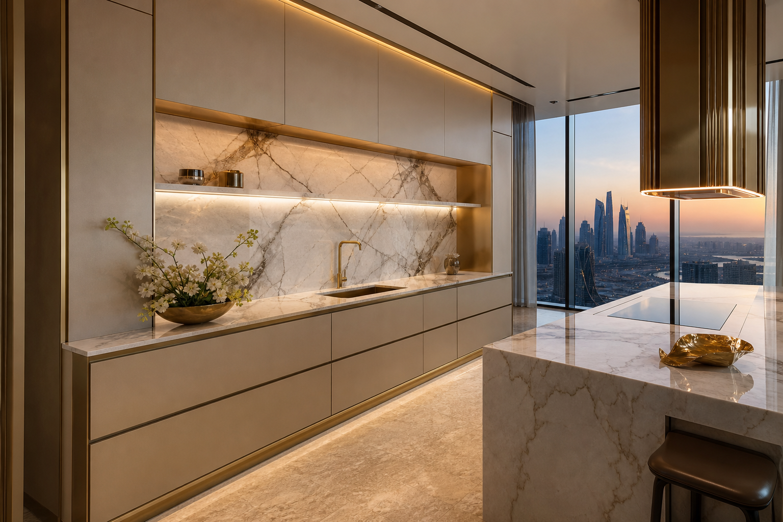 Fadior Abu Dhabi Skyline Penthouse — counter, cabinet wall, marble backsplash, skyline window