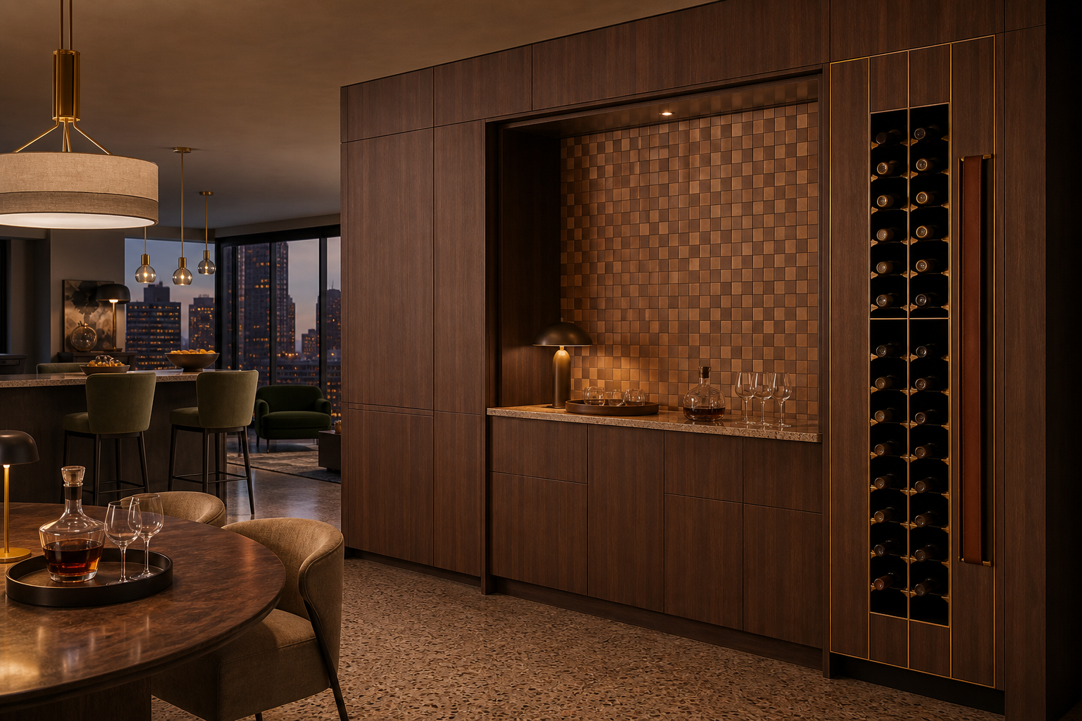 Fadior Gloria Wine Cabinet Suite with Cognac Gallery Tasting Bar — lifestyle setting with natural light and residential styling