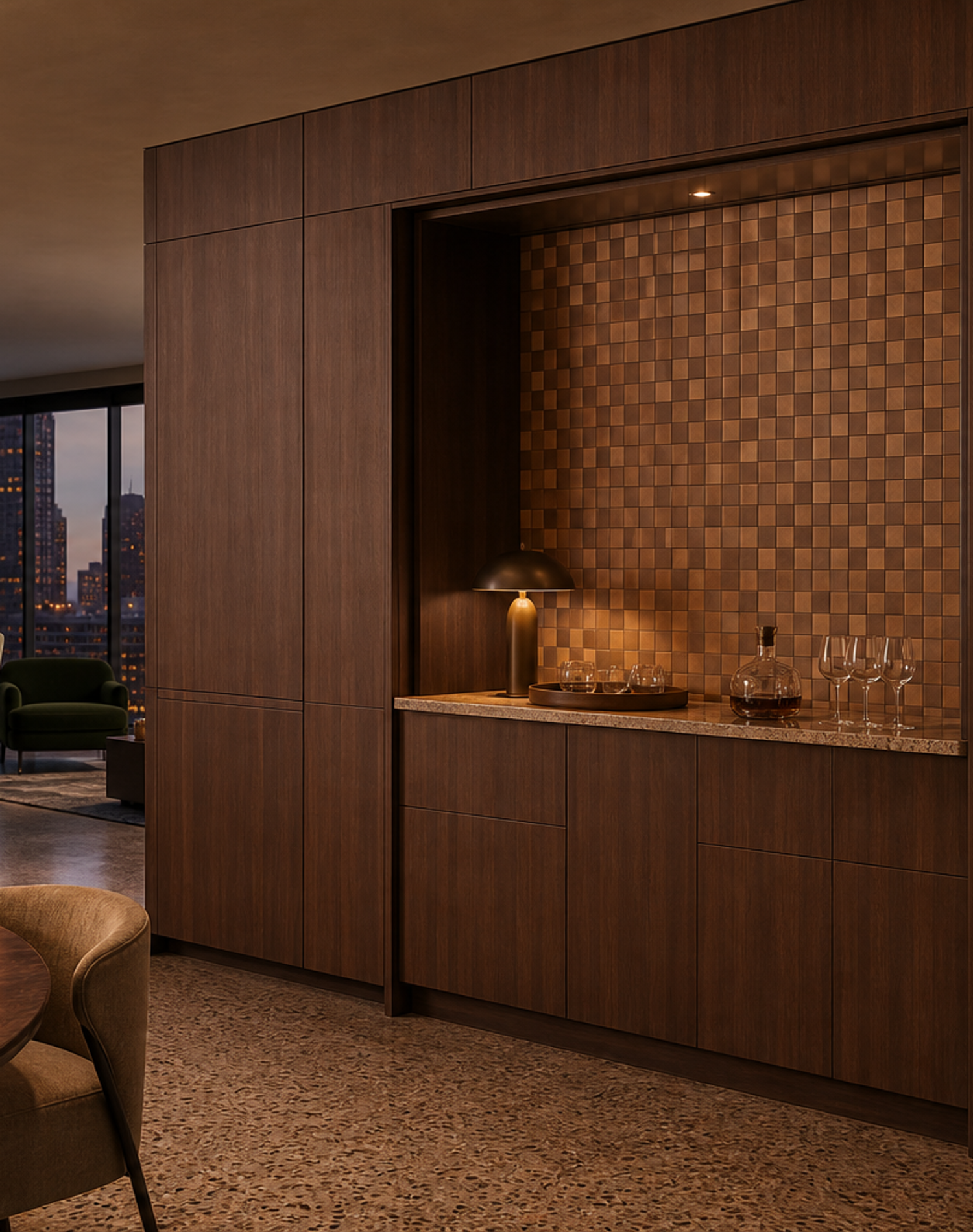 Fadior Gloria Wine Cabinet Suite with Cognac Gallery Tasting Bar — lifestyle setting with natural light and residential styling