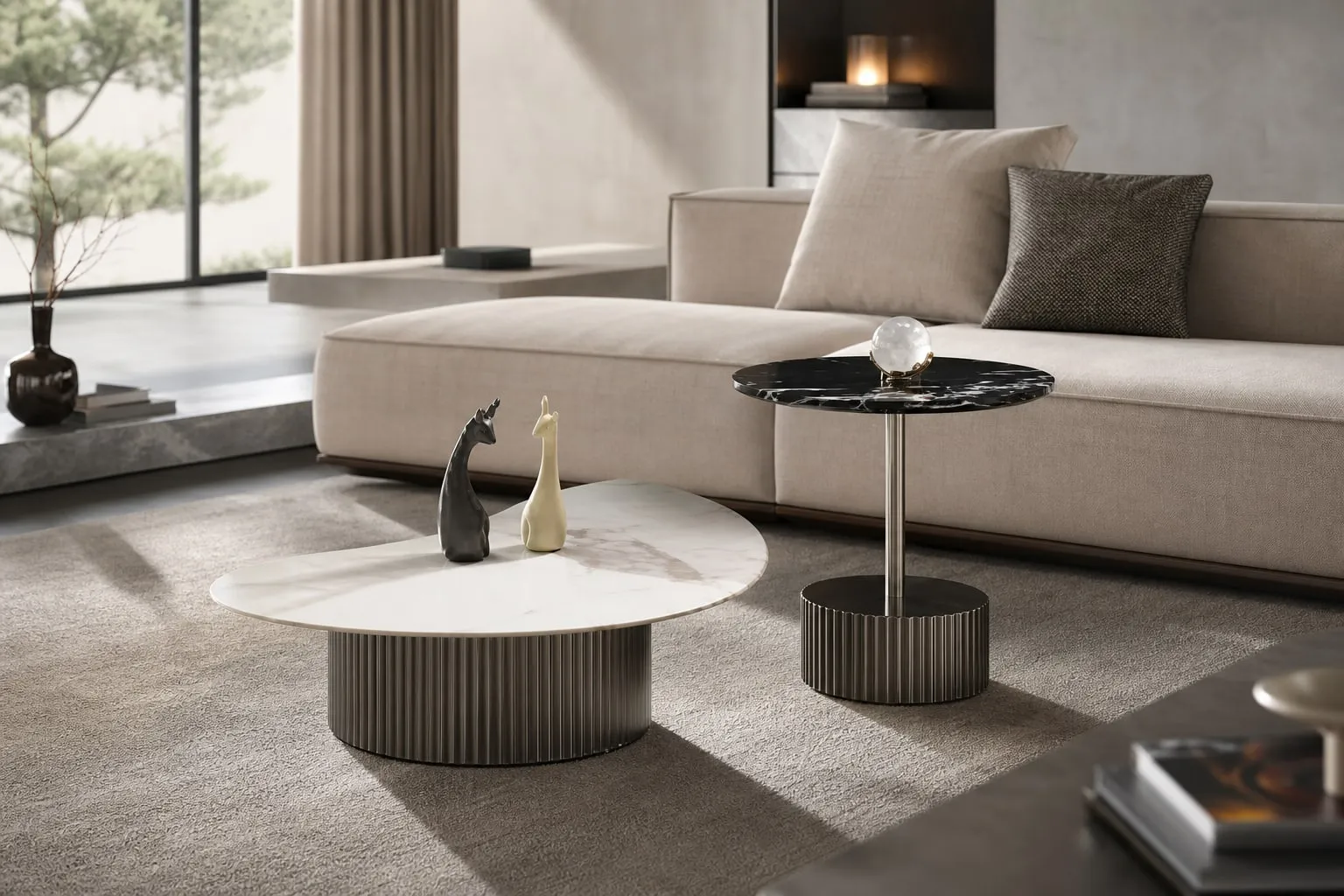White Marble Mirror-Base Table Set Ø90+Ø55 cm