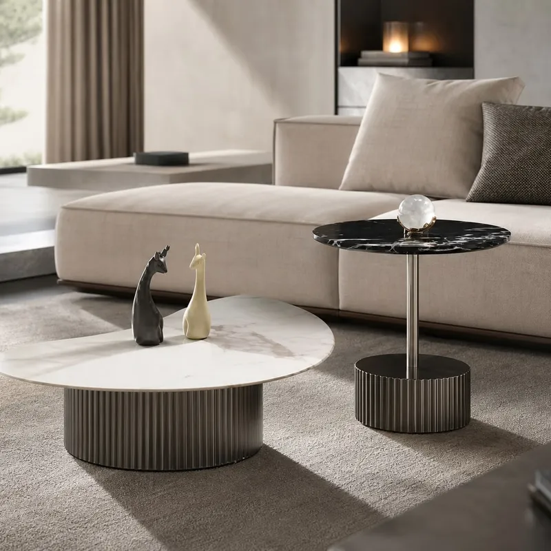 White Marble Mirror-Base Table Set Ø80+Ø55 cm