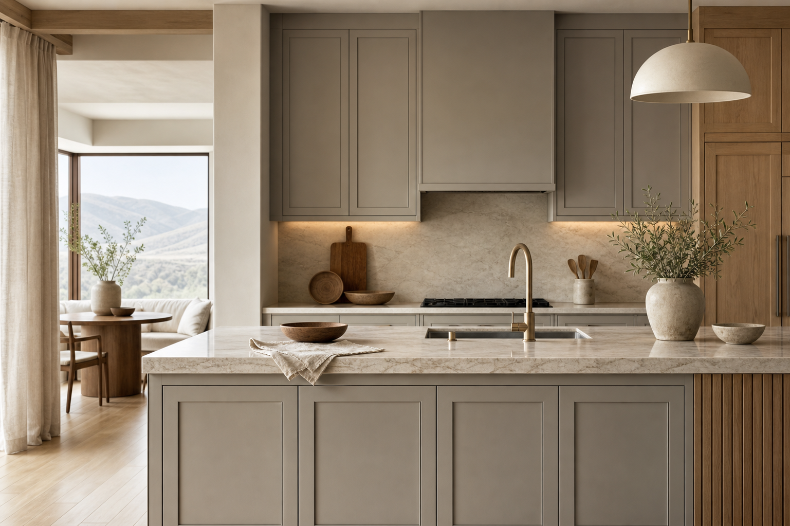 Material mood study with warm grey cabinet fronts, pale stone, walnut, oak, and soft linen.