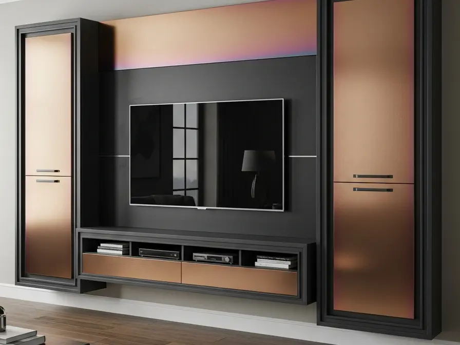Fadior Essence Media Console - stainless steel living room cabinetry with media storage, display shelving, concealed devices, and residential finishes