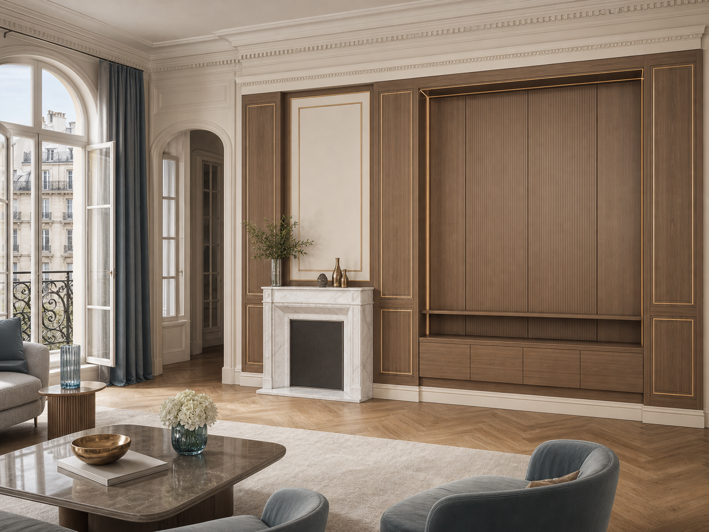 Fadior Veneto Living Room Suite with Walnut Boiserie Audio Niche — interior room context showing cabinet integration