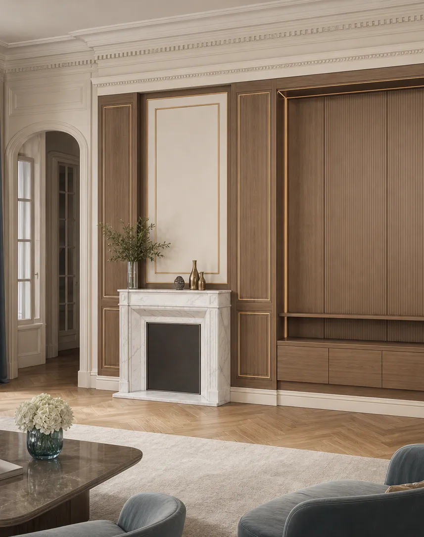 Suite de Salón Veneto con Nicho de Audio Boiserie de Nogal perspectiva interior