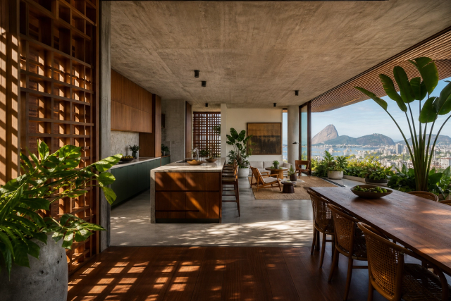 Fadior Rio de Janeiro 240 sqm Kitchen Penthouse — wood lattice, kitchen island, concrete ceiling, dining table,
