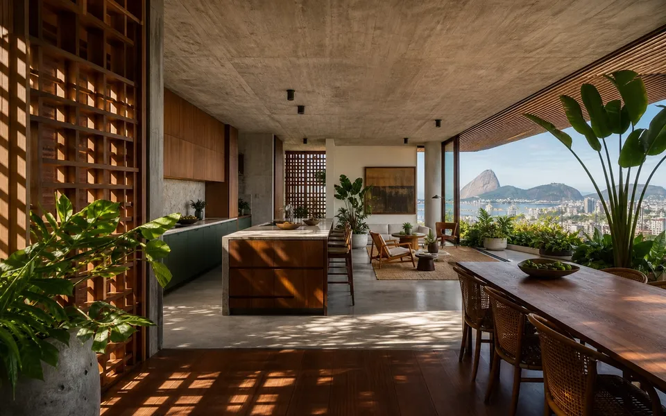 Fadior Rio de Janeiro 240 sqm Kitchen Penthouse — wood lattice, kitchen island, concrete ceiling, dining table, — 304 stainless steel cabinetry installation by Fadior