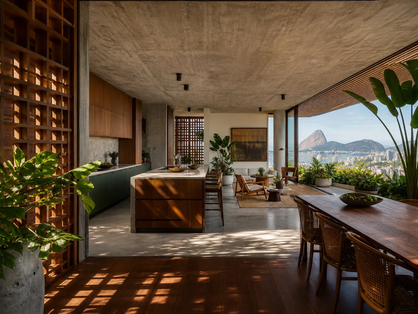 Fadior Rio de Janeiro 240 sqm Kitchen Penthouse — wood lattice, kitchen island, concrete ceiling, dining table,