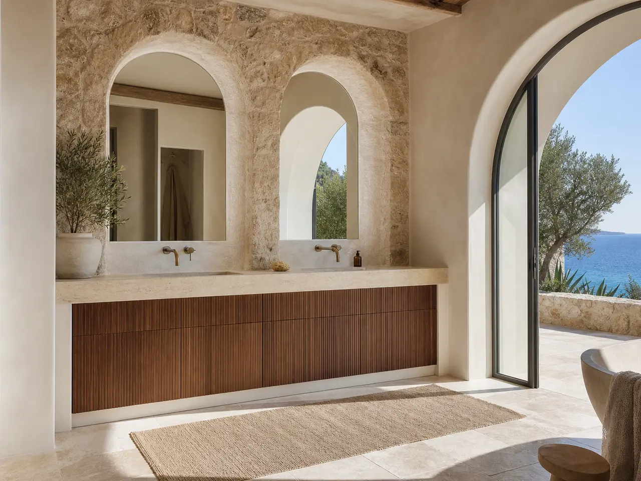 Fadior Voyage Bath Vanity Suite with Tambour Walnut Wash Arcade - waterproof 304 stainless steel bath vanity with mirror storage, moisture-resistant finishes, and grooming storage