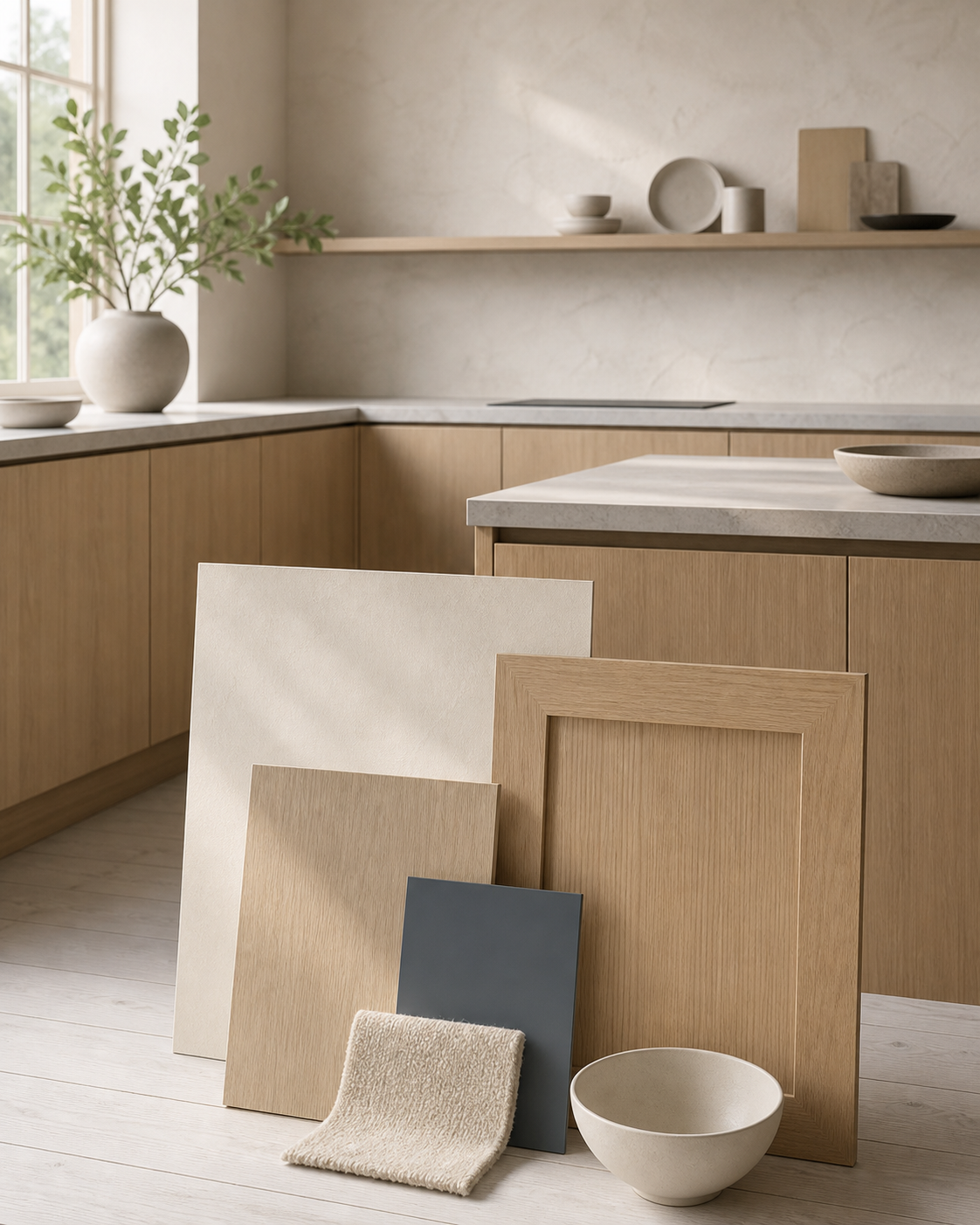 Material study for a kitchen with oak veneer, chalk plaster, wool texture, and buyer-choice clarity.