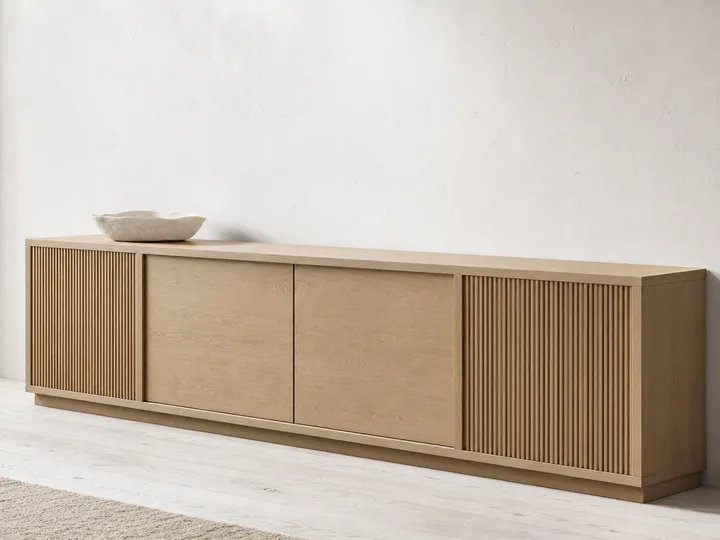 Fadior Patina Living Room Suite with Pocket Door Art Credenza — 304 stainless steel living room system, front view