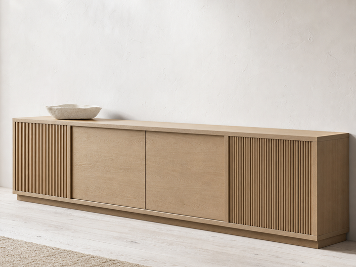 Fadior Patina Living Room Suite with Pocket Door Art Credenza — 304 stainless steel living room system, front view