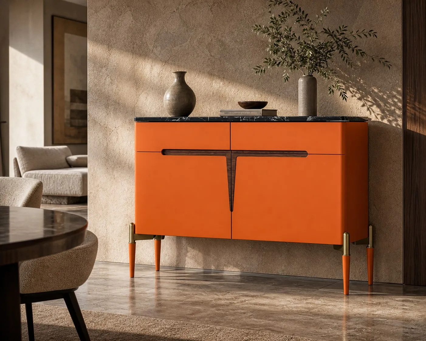 Marble and Walnut Sideboard