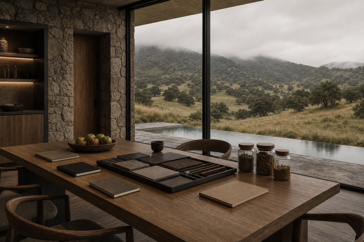 Lifestyle context: stone retreat kitchen table with blank notebooks and unmarked pantry jars.
